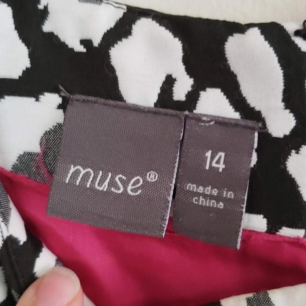 Muse knee length dress midi black white leopard print high neck, women's size 14